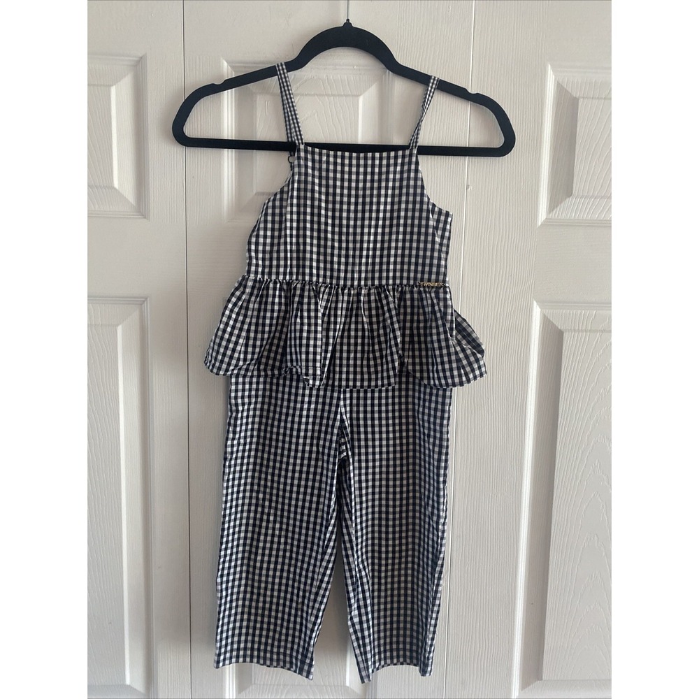 Twinset Gingham Peplum Jumpsuit Girls Size 4 Black White Checkered Cotton Romper